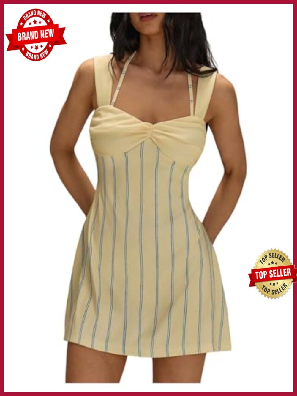 Floerns Women's Halter Neck Sleeveless Twist Front A-Line Mini Dress Striped